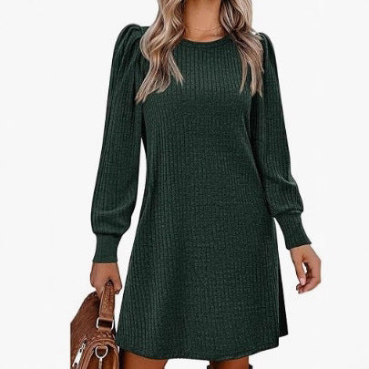 Damen nan gestricktes A-Linien Strickkleid mit Puffärmeln EB