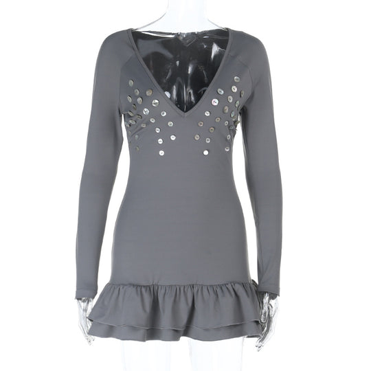 Damen Mini-Kleid mit tiefem V-Ausschnitt und dekorativen Pailletten EB