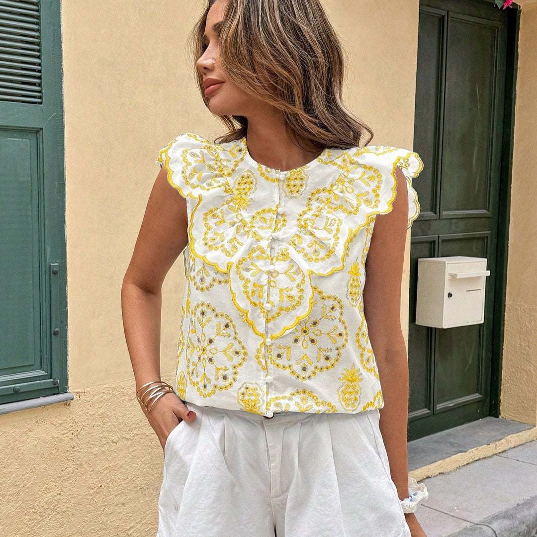 Damen Spitzenoberteil mit floralen Stickereien und Rüschendetails EB