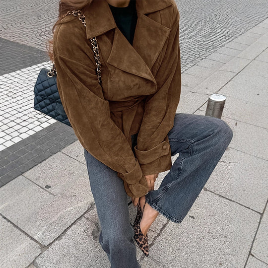 Damen Modische Wildlederjacke mit tailliertem Gürtel EB