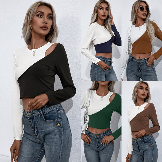 Damen Asymmetrisches Langarm-Crop-Top aus geripptem Material mit einzigartigem Farbdesign EB