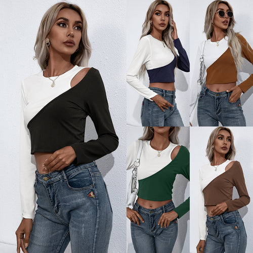 Damen Asymmetrisches Langarm-Crop-Top aus geripptem Material mit einzigartigem Farbdesign EB
