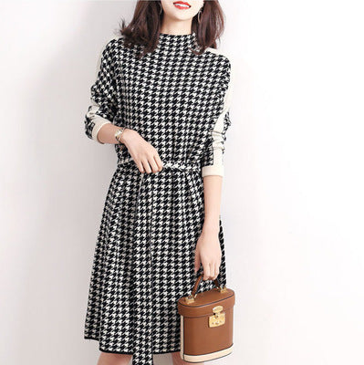 Damen elegantes Kleid mit modernem Hahnentrittmuster und Gürtel EB