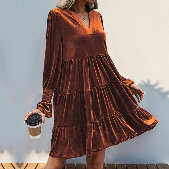 Damen V-Ausschnitt Mini-Kleid mit voluminösen Ärmeln und Rüschendesign EB