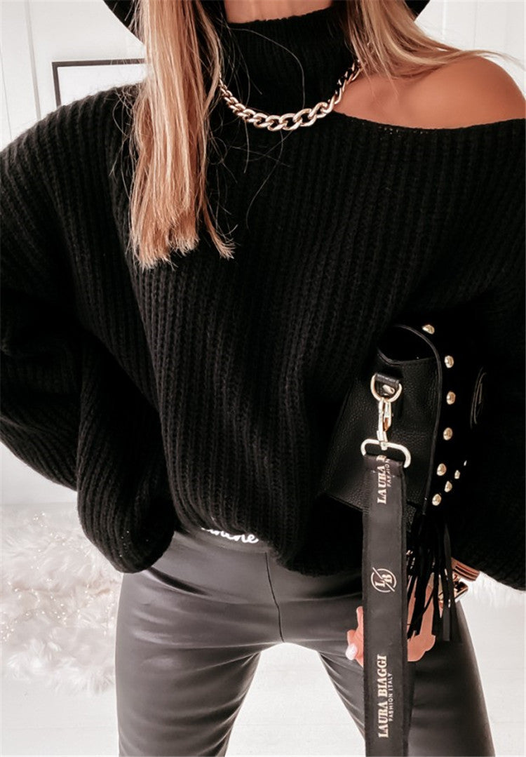 Damen lässiger Strickpullover mit asymmetrischem Schulterdesign und hohem Kragen EB