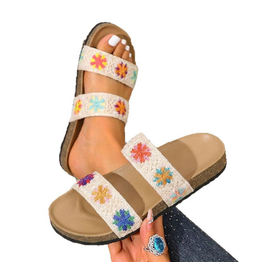 Damen Komfortable Sandalen mit floralem Stickdesign und gepolsterter Sohle EB