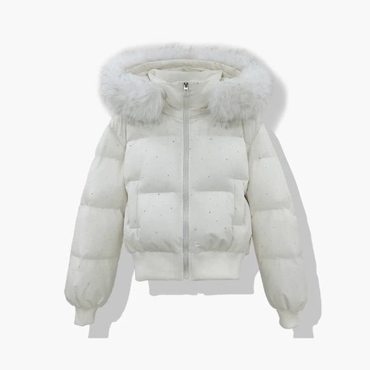 Damen nan kurzer gesteppter Pufferblouson mit feinem Strassbesatz, abnehmbarer Webpelzkapuze und elastischem Saum EB