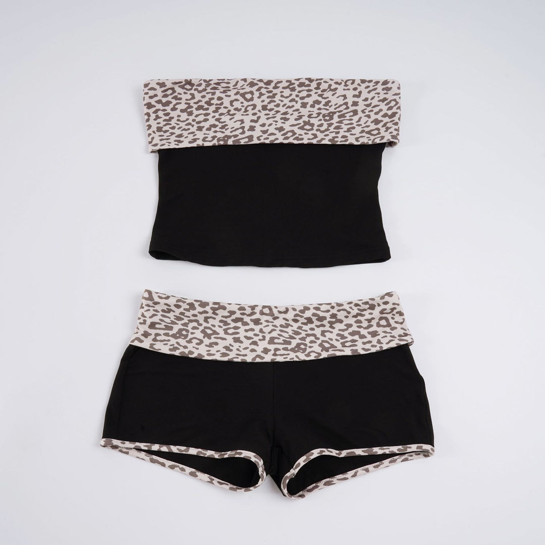 Damen Bandeau-Bikini-Set mit modischem Leopardenmuster und bequemen Shorts EB