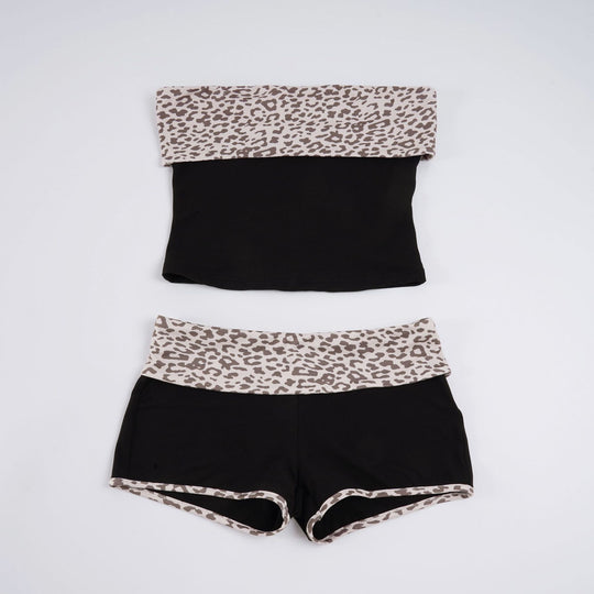 Damen Bandeau-Bikini-Set mit modischem Leopardenmuster und bequemen Shorts EB