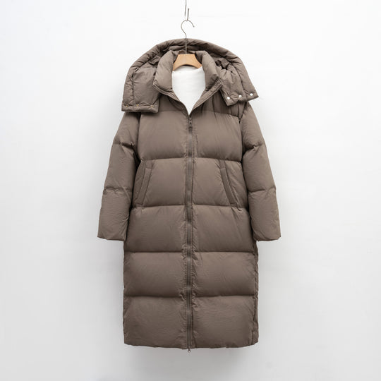 Damen Langer volumenreicher Daunenmantel mit abnehmbarer Kapuze und seitlichen Taschen EB