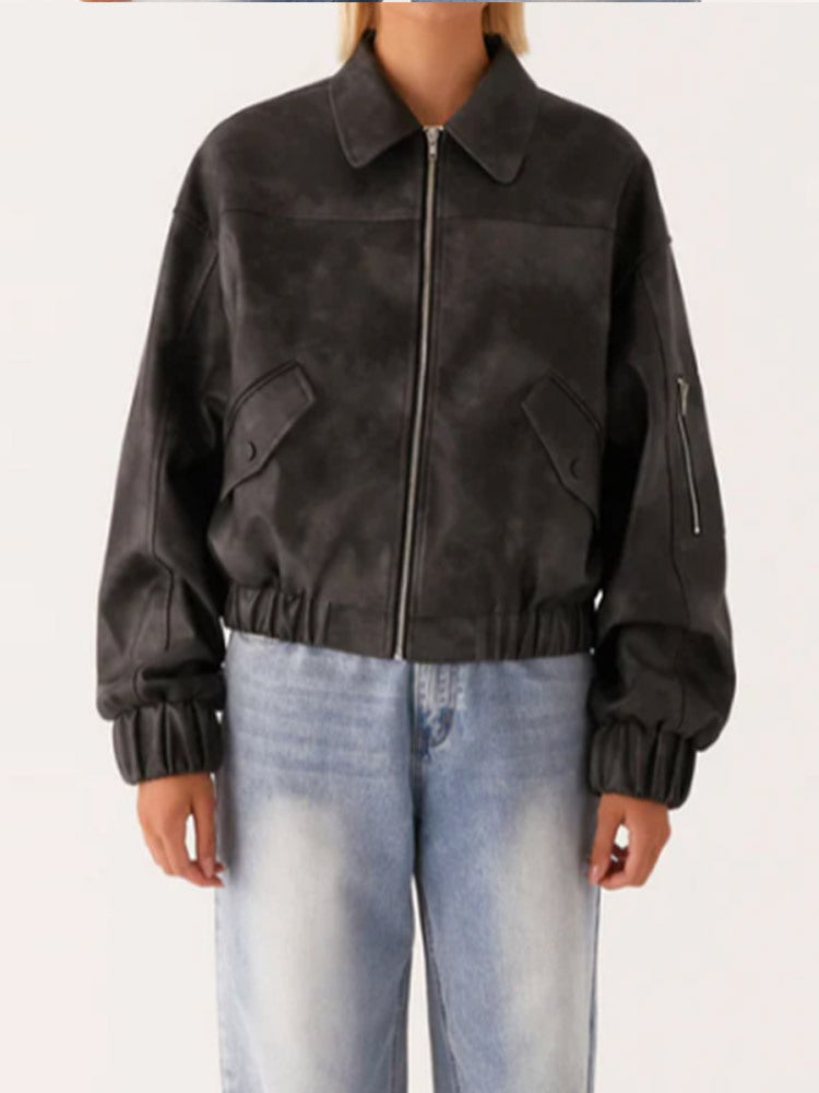 Damen lässige Kunstlederjacke mit voluminösen Ärmeln EB