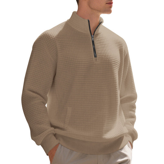 Herren Waffelstrick-Halbzip-Pullover mit Stehkragen, Kängurutasche & gerippten Abschlüssen EB