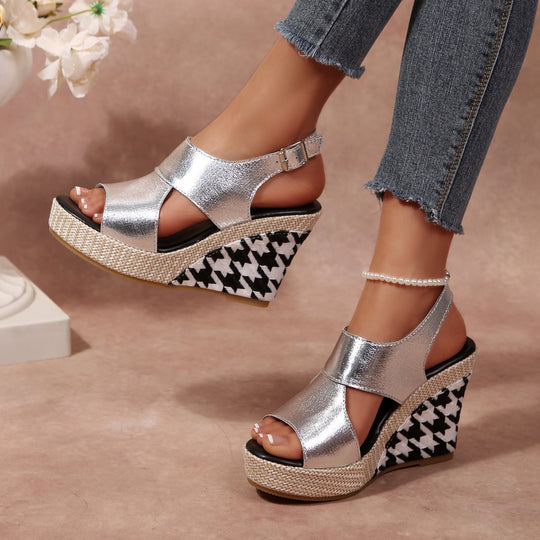 Damen Wedge-Sandalen mit modischem Hahnentritt-Design EB