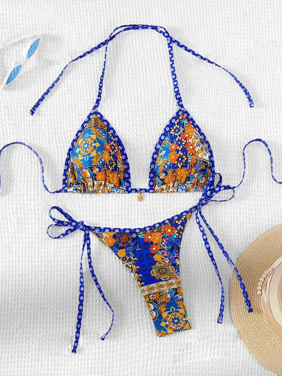 Damen Triangel-Bikini mit floralem Design und verstellbaren Bändern EB