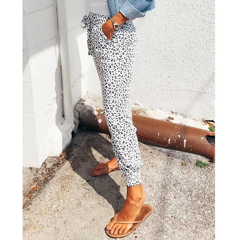 Damen nan lässige Leoparden-Print Jogginghose mit Tunnelzug, Eingrifftaschen und elastischen Bündchen EB