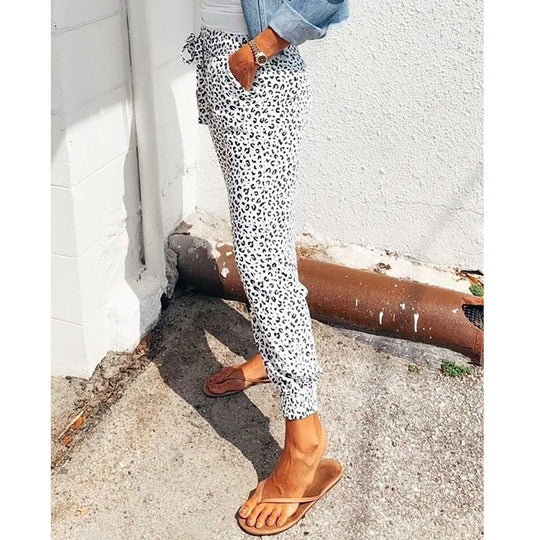 Damen nan lässige Leoparden-Print Jogginghose mit Tunnelzug, Eingrifftaschen und elastischen Bündchen EB