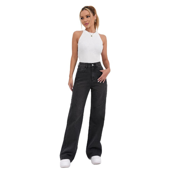 Damen Weite High-Waist Jeans mit modischem Schnitt und außergewöhnlichen Nähten EB