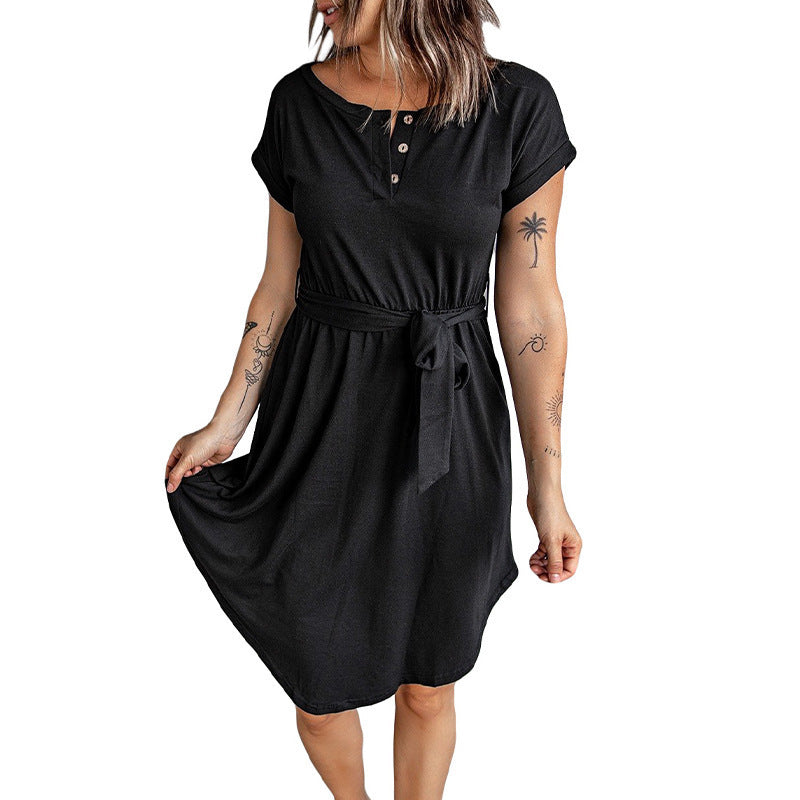Damen lässiges Knopfkleid mit Taillengürtel und kurzem Ärmel EB