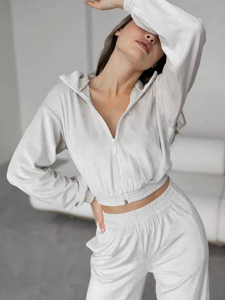 Damen nan Cropped Velours-Joggingset mit halbem Reißverschluss, gerafftem Komfortbund und breiten Bündchen EB