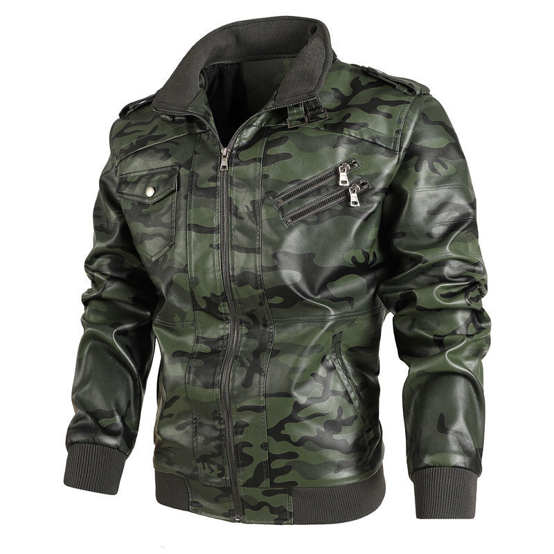 Herren Camouflage Kunstleder Biker-Blouson mit Schulterklappen, Reißverschluss‑Detail und Rippbündchen EB