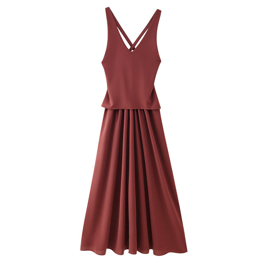 Damen Maxikleid mit elegantem V-Ausschnitt und Plissee-Unterteil EB