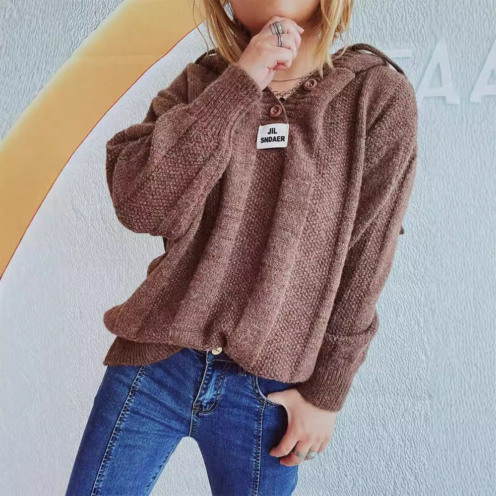 Damen lockerer Strickpullover mit Kapuze und dekorativen Knöpfen EB