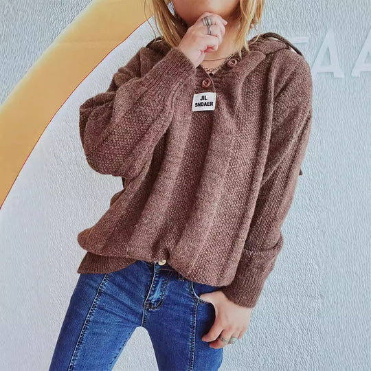Damen lockerer Strickpullover mit Kapuze und dekorativen Knöpfen EB