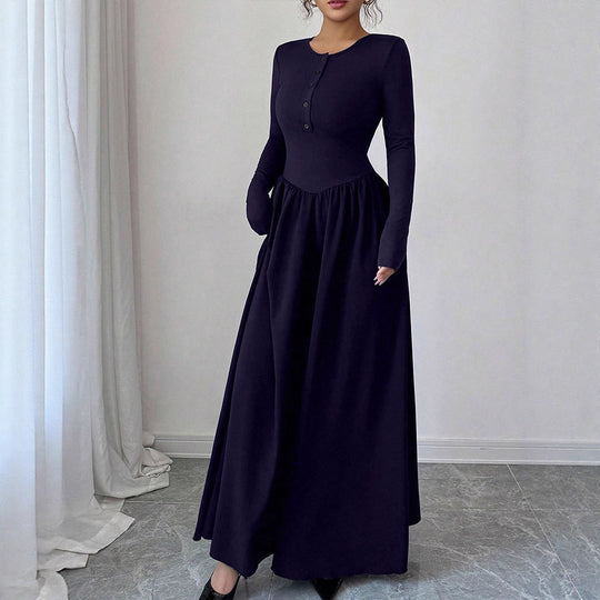 Damen Maxikleid mit eleganten Knopfdetails und fließendem Rockteil EB
