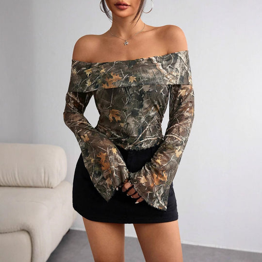 Damen nan schulterfreies Langarm-Top mit Camouflage-Blattmuster und ausgestellten Ärmeln EB