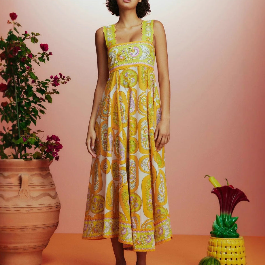 Damen Maxikleid mit verspieltem Paisley-Design und schmalem Taillengürtel EB