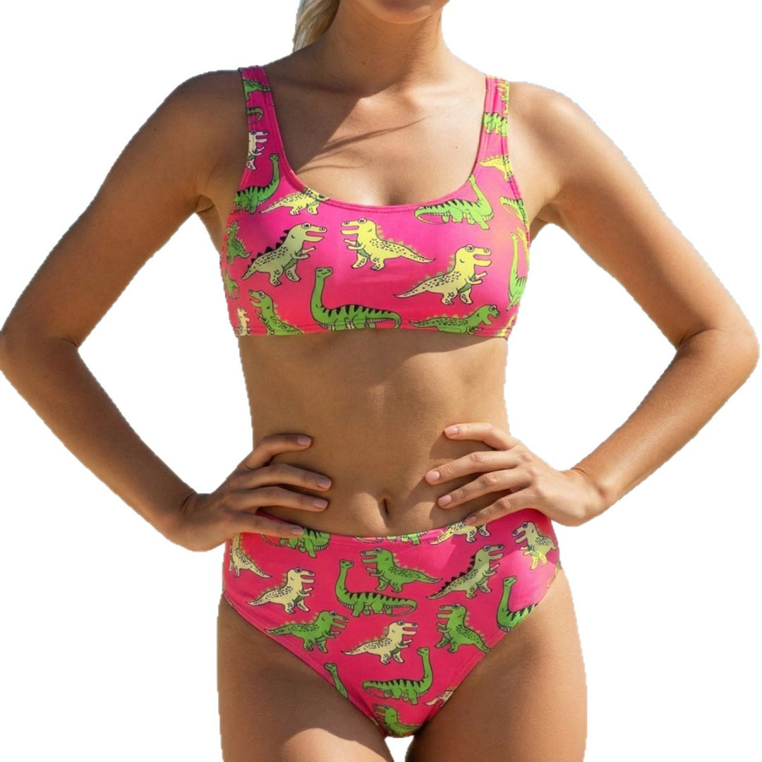 Damen Sport-Bikini mit verspieltem Dinosaurier-Muster EB