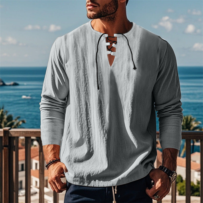 Herren modisches Langarmshirt mit Schnürung und V-Ausschnitt EB