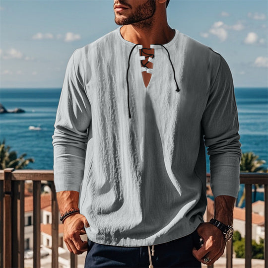 Herren modisches Langarmshirt mit Schnürung und V-Ausschnitt EB