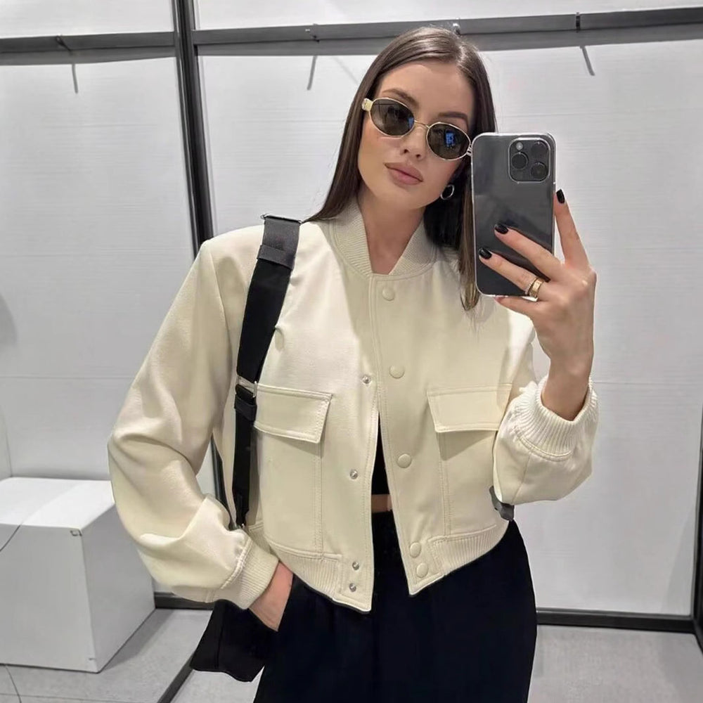Damen lässige Kunstlederjacke mit praktischen Taschen und elastischen Bündchen EB