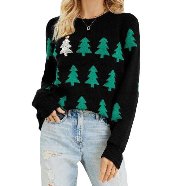 Damen kuscheliger Weihnachtspullover mit festlichem Tannenbaum-Design EB