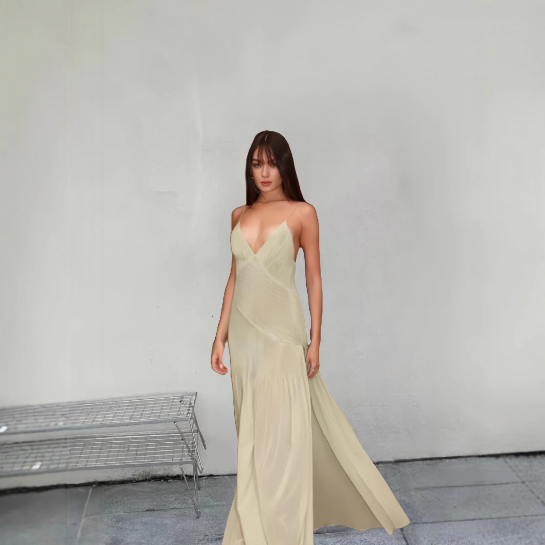 Damen Fließendes Maxikleid mit elegantem V-Ausschnitt und schwingendem Saum EB
