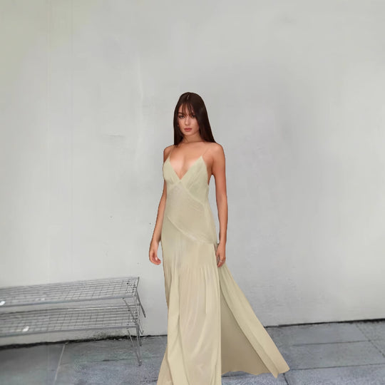 Damen Fließendes Maxikleid mit elegantem V-Ausschnitt und schwingendem Saum EB