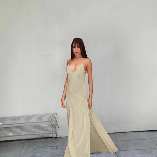 Damen Fließendes Maxikleid mit elegantem V-Ausschnitt und schwingendem Saum EB