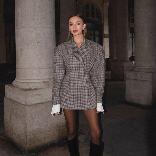 Damen Eleganter Karoblazer mit doppelter Knopfleiste EB