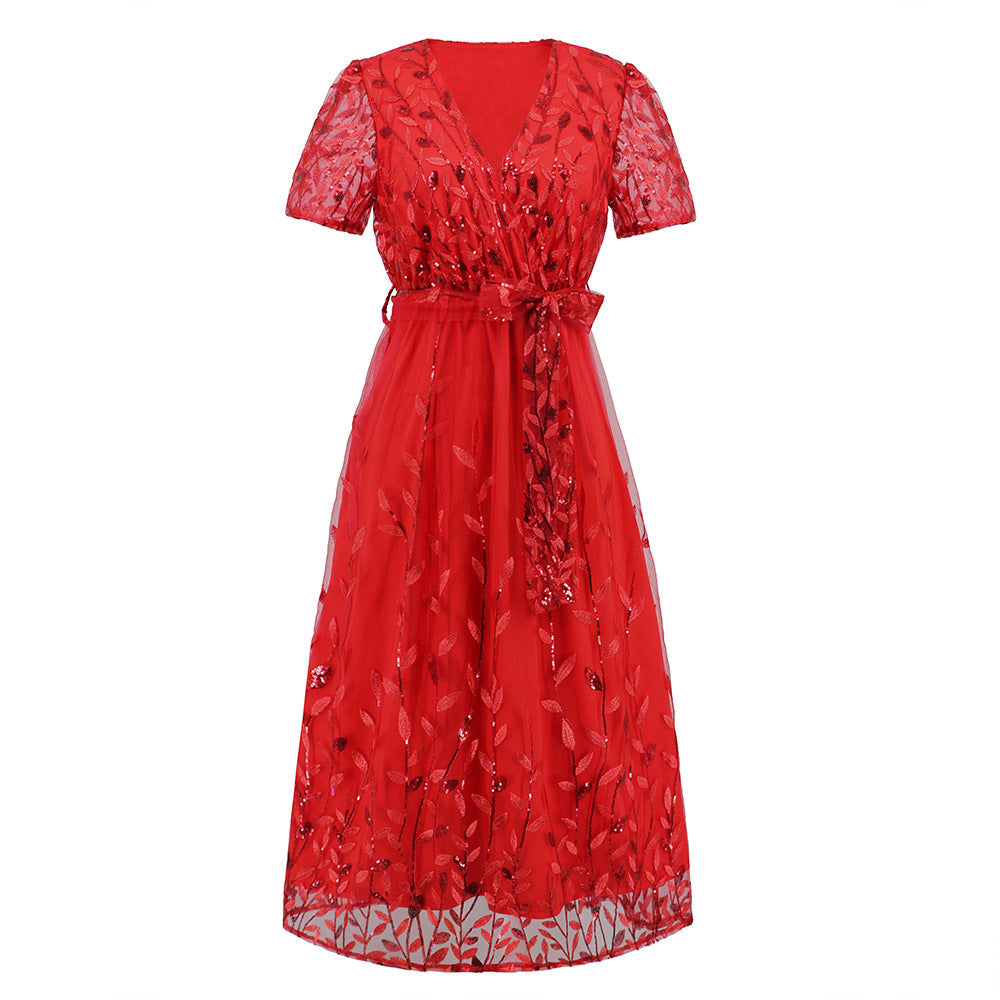 EB | Kurzärmliges Kreuz V-Ausschnitt Gürtel Midi Kleid