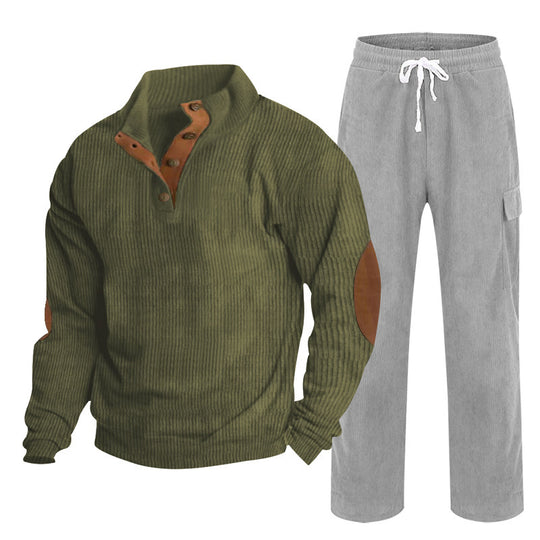 Herren nan Strick-Freizeitset mit Knopfleiste und Ellenbogenaufnähern sowie Cord-Cargohose EB