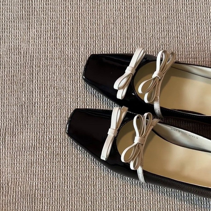 Damen Ballerina-Schuhe mit quadratischer Spitze und dekorativem Schleifchen EB