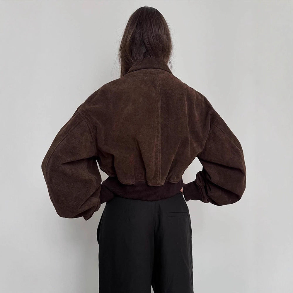 Damen Oversized Wildlederjacke mit gepolsterten Ärmeln EB