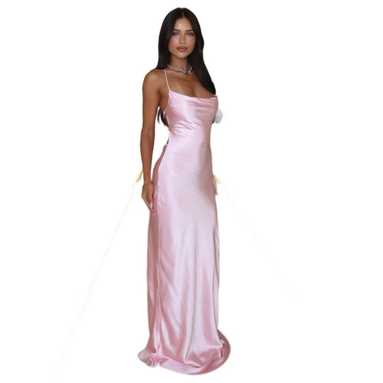 Damen Elegantes Satinabendkleid mit spaghettiträgern und fließendem Schnitt EB