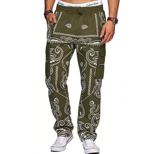 Herren Cargo-Hose mit Bandana-Print, elastischem Bund und Zipper-Taschen EB