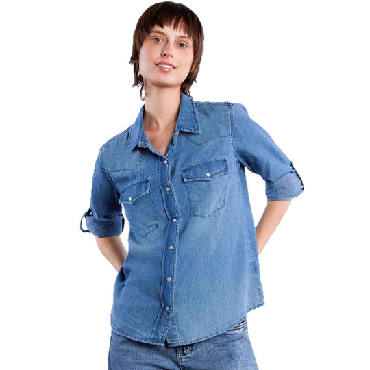 Damen lässige Denim-Bluse mit aufgesetzten Taschen und leicht tailliertem Schnitt EB