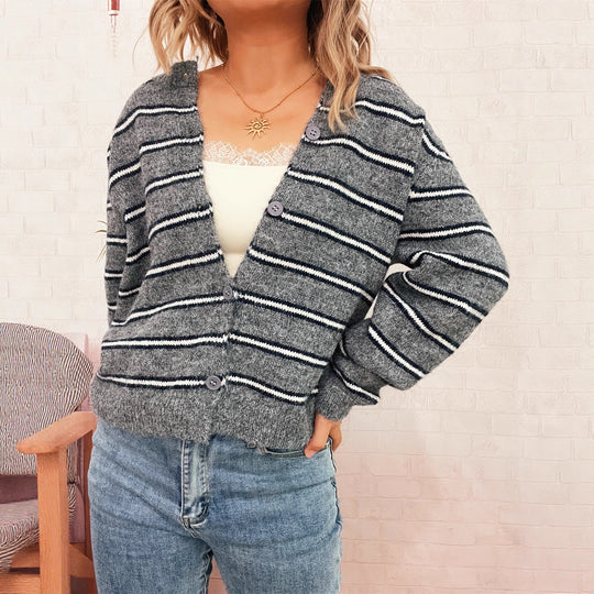 Damen Langärmliger Strickcardigan mit modischem Streifenmuster EB
