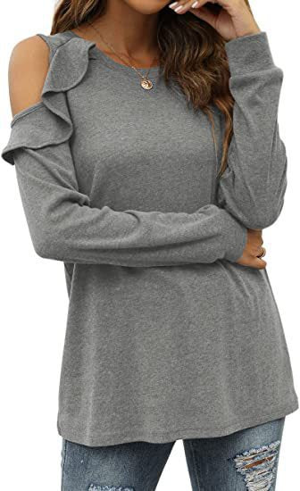 Damen Elegantes Langarmoberteil mit Rüschendetails und Kalt-Schulter Design EB
