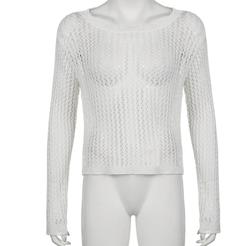 Damen luftiger Strickpullover mit feinem Netzmuster EB
