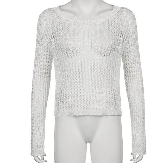 Damen luftiger Strickpullover mit feinem Netzmuster EB